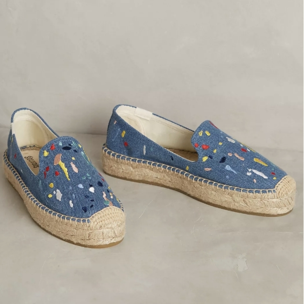SOLUDOS paint splatter Espadrilles 7 Anthropologie Jute+Denim platform Flats